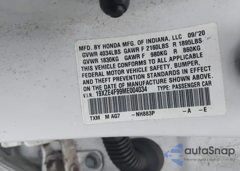 2021 Honda Insight Touring z USA, uszkodzony, nr VIN 19XZE4F99ME004034